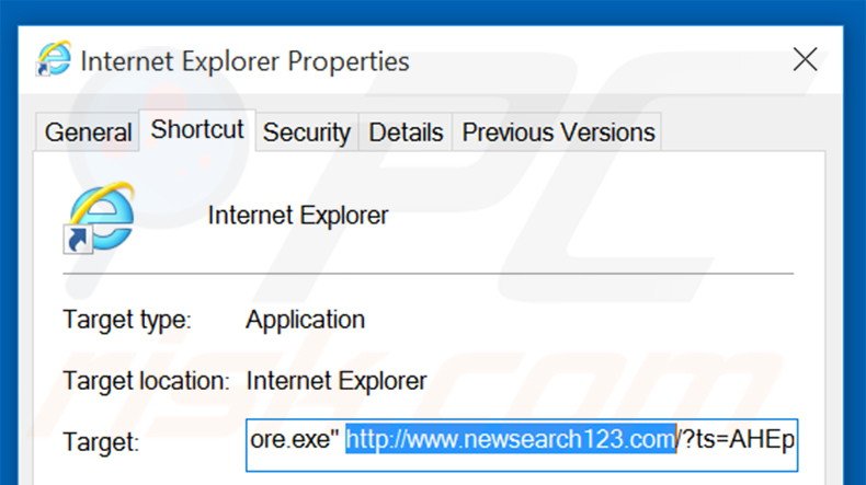 Suppression du raccourci cible de newsearch123.com dans Internet Explorer étape 2