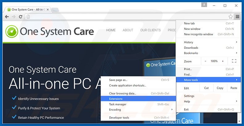 Suppression des publicités One System Care dans Google Chrome étape 1