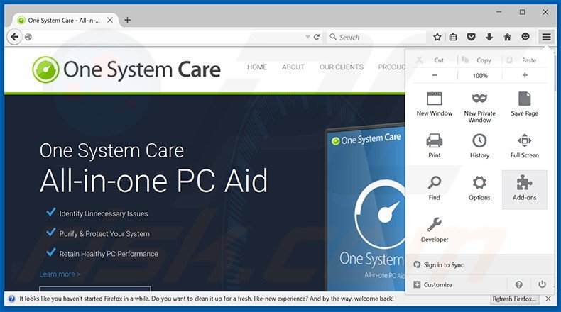 Suppression des publicités One System Care dans Mozilla Firefox étape 1