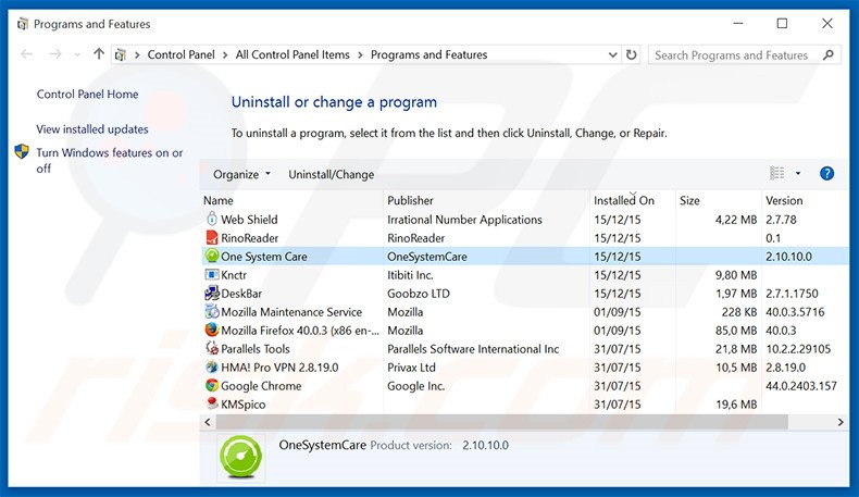 Désinstallation du logiciel de publicité One System Care via le Panneau de Configuration