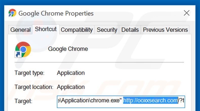Suppression du raccourci cible d'ooxxsearch.com dans Google Chrome étape 2
