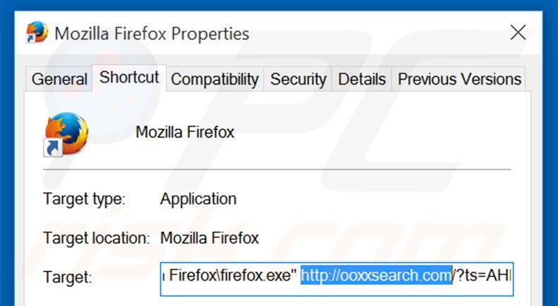 Suppression du raccourci cible d'ooxxsearch.com dans Mozilla Firefox étape 2