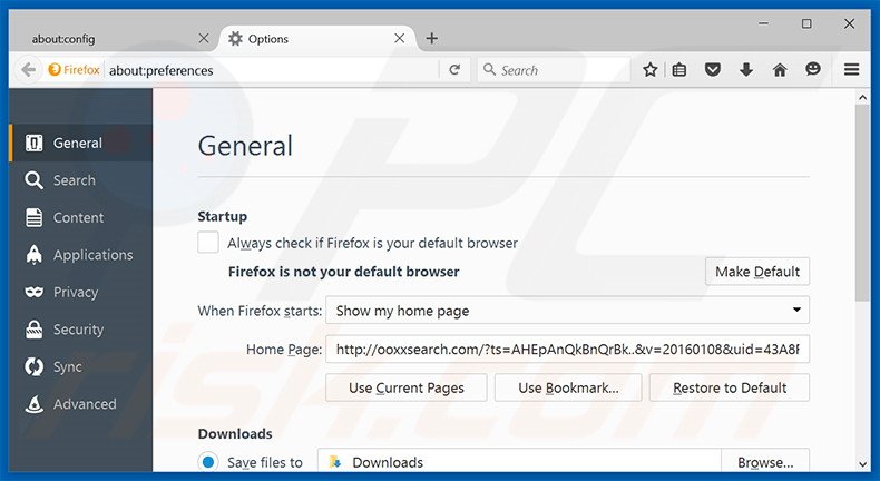Suppression de la page d'accueil d'ooxxsearch.com dans Mozilla Firefox 