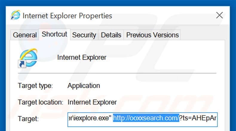 Suppression du raccourci cible d'ooxxsearch.com dans Internet Explorer étape 2