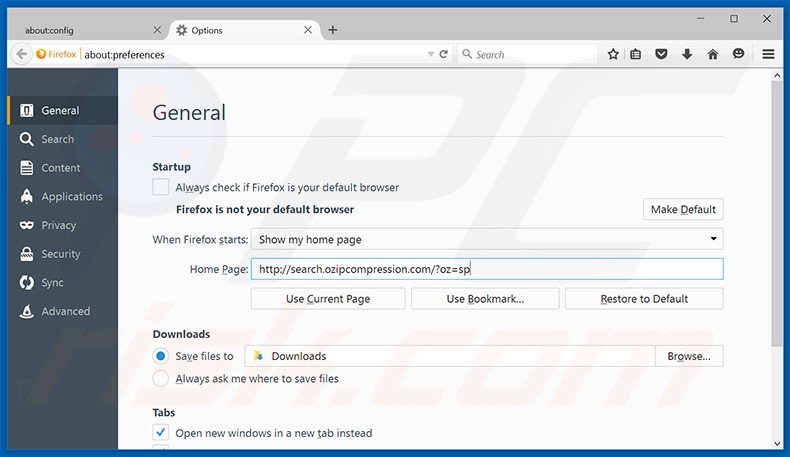 Suppression de la page d'accueil de search.ozipcompression.com dans Mozilla Firefox