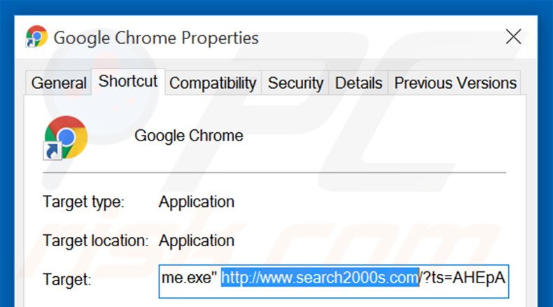 Suppression du raccourci cible de search2000s.com dans Google Chrome étape 2