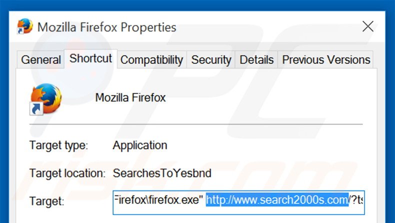 Suppression du raccourci cible de search2000s.com dans Mozilla Firefox étape 2
