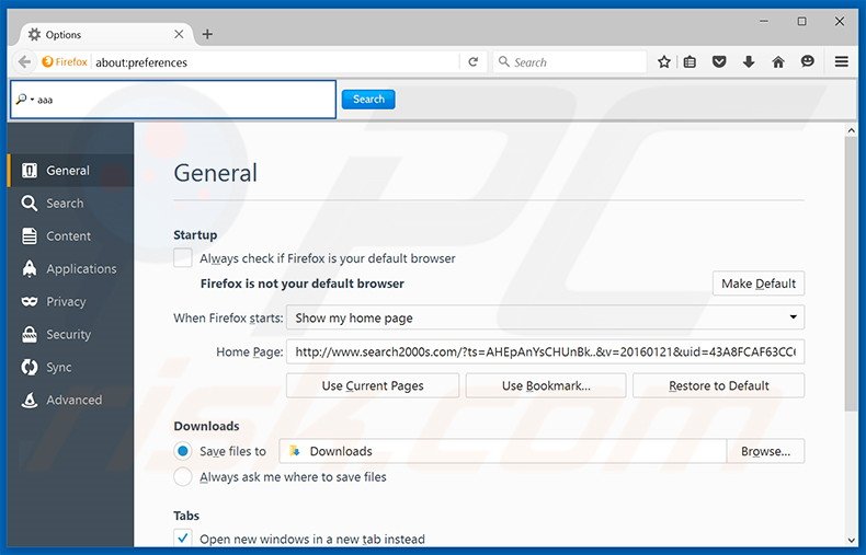 Suppression de la page d'accueil de search2000s.com dans Mozilla Firefox 