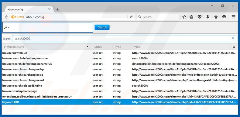 Suppression du moteur de recherche par défaut de search2000s.com dans Mozilla Firefox 