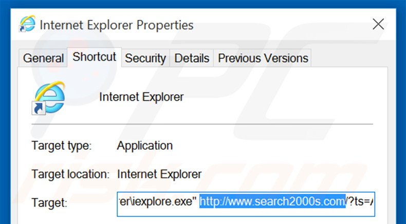 Suppression du raccourci cible de search2000s.com dans Internet Explorer étape 2