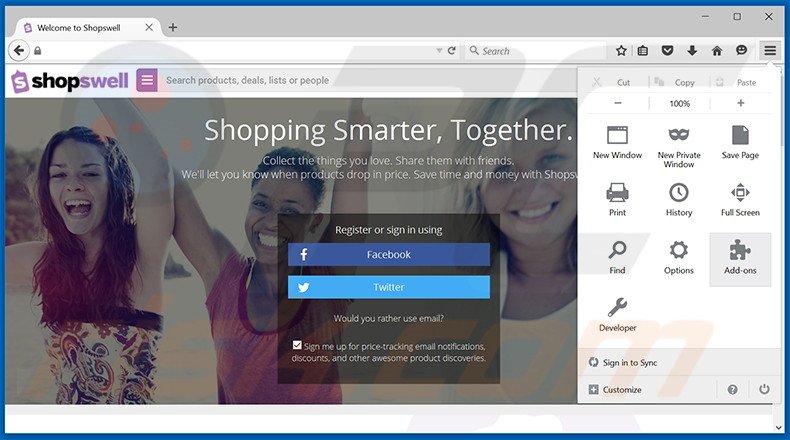 Suppression des publicités Shopswell dans Mozilla Firefox étape 1