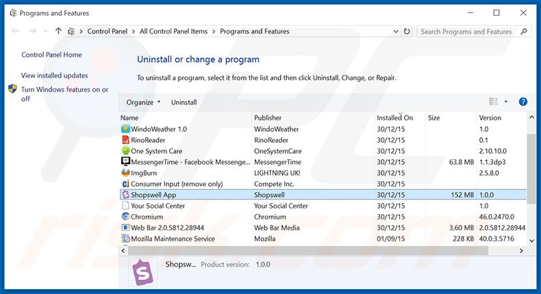 Désinstallation du logiciel de publicité Shopswell via le Panneau de Configuration