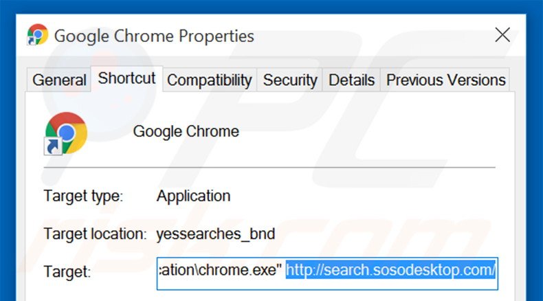 Suppression du raccourci cible de search.sosodesktop.com dans Google Chrome étape 2