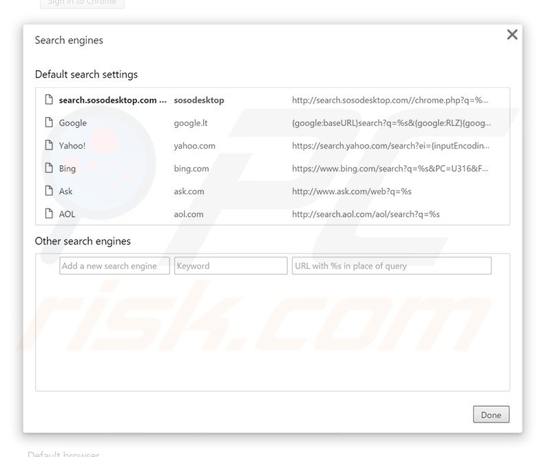 Suppression du moteur de recherche par défaut de search.sosodesktop.com dans Google Chrome 