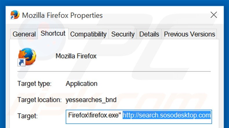 Suppression du raccourci cible de search.sosodesktop.com dans Mozilla Firefox étape 2