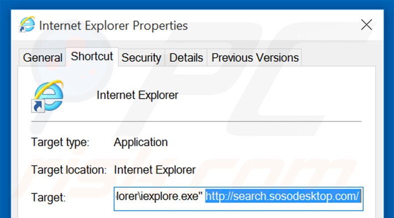 Suppression du raccourci cible de search.sosodesktop.com dans Internet Explorer étape 2