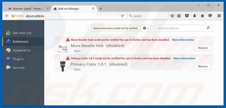 Removing Splendor Search ads from Mozilla Firefox step 2