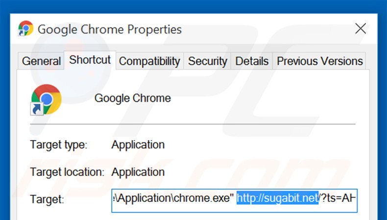 Suppression du raccourci cible de sugabit.net dans Google Chrome étape 2