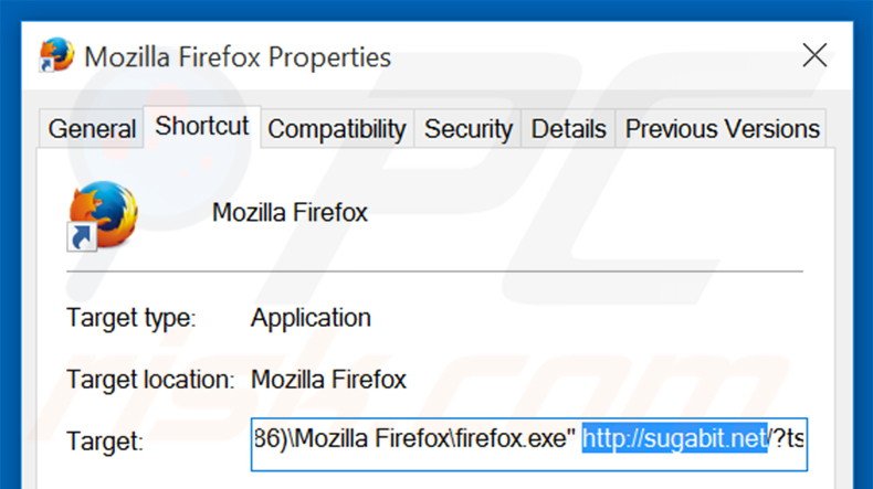 Suppression du raccourci cible de sugabit.net dans Mozilla Firefox étape 2