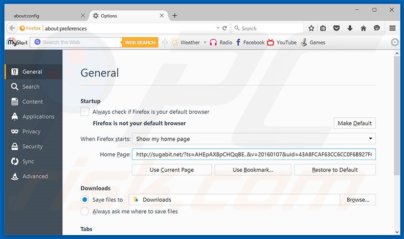 Suppression de la page d'accueil de sugabit.net dans Mozilla Firefox 
