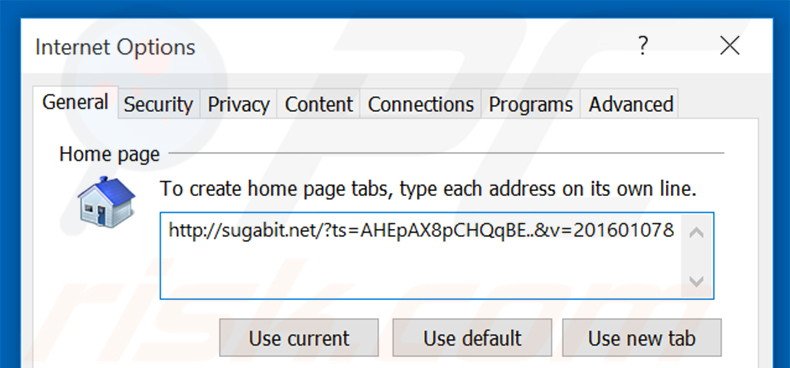 Suppression de la page d'accueil de sugabit.net dans Internet Explorer 