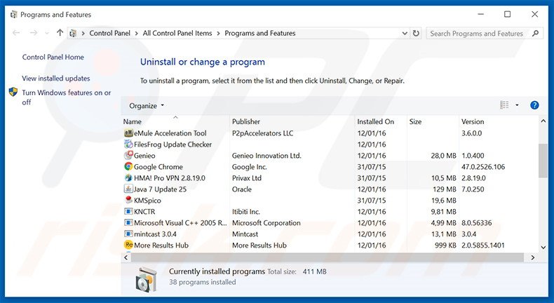 Désinstallation du pirate de navigateur sugabit.net via le Panneau de Configuration