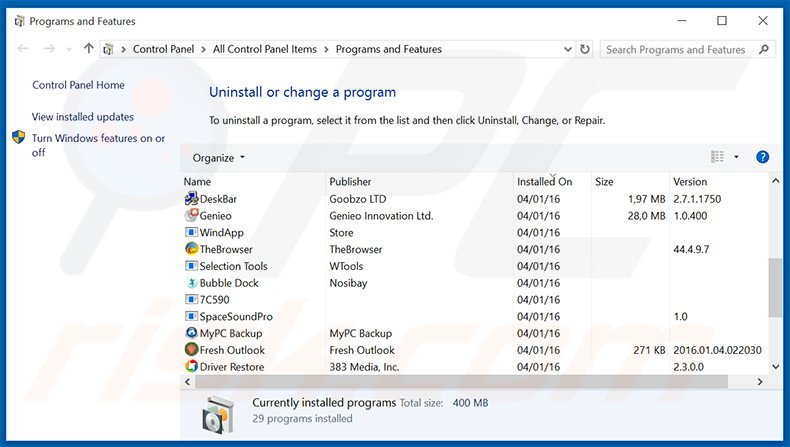 Désinstallation du logiciel de publicité SunnyDay-Apps via le Panneau de Configuration