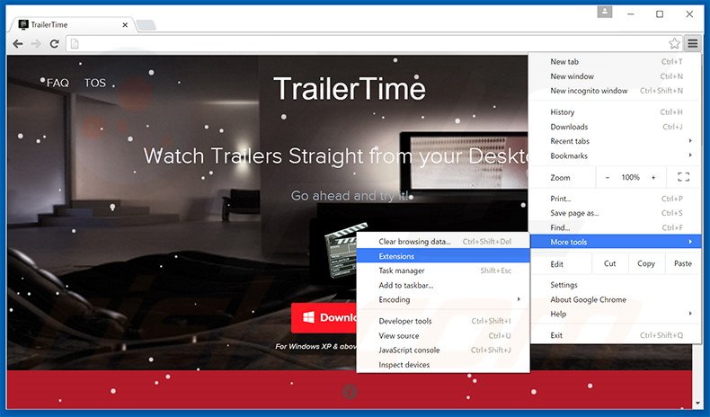 Suppression des publicités TrailerTime dans Google Chrome étape 1