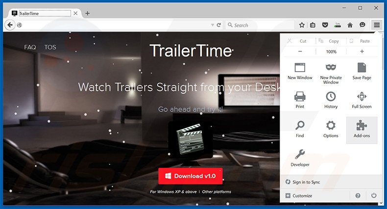 Suppression des publicités TrailerTime dans Mozilla Firefox étape 1