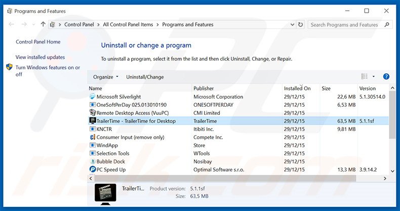 Désinstallation du logiciel de publicité TrailerTime via le Panneau de Configuration