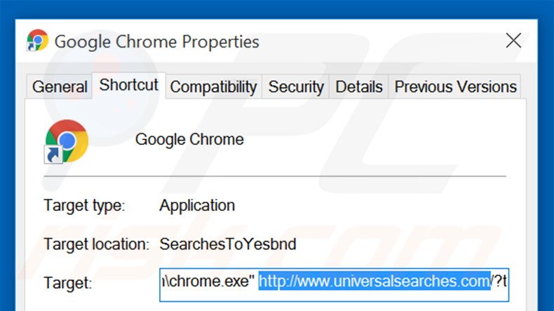 Suppression du raccourci cible d'universalsearches.com dans Google Chrome étape 2