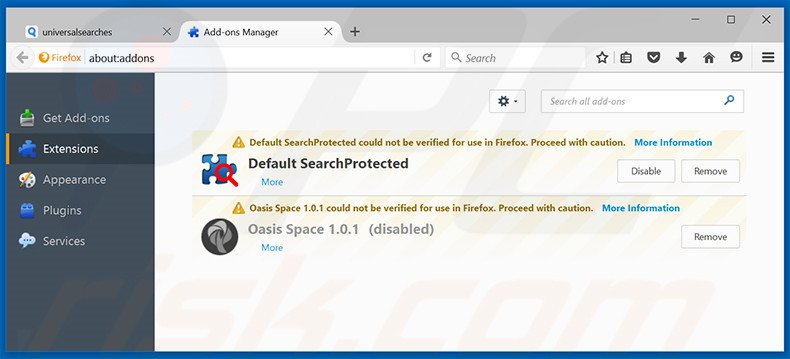 Suppression des extensions reliées à universalsearches.com dans Mozilla Firefox