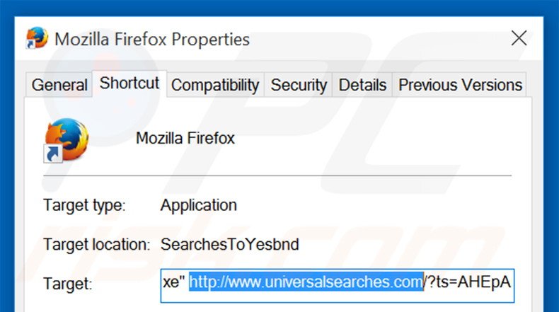 Suppression du raccourci cible d'universalsearches.com dans Mozilla Firefox étape 2
