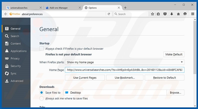 Suppression de la page d'accueil d'universalsearches.com dans Mozilla Firefox 