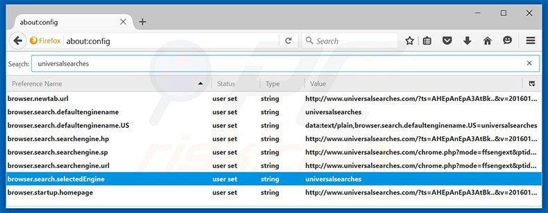 Suppression du moteur de recherche par défaut d'universalsearches.com dans Mozilla Firefox 