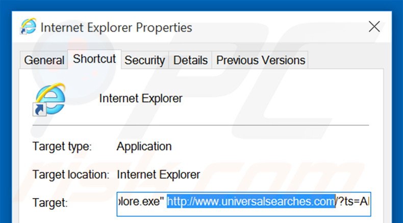 Suppression du raccourci cible d'universalsearches.com dans Internet Explorer étape 2