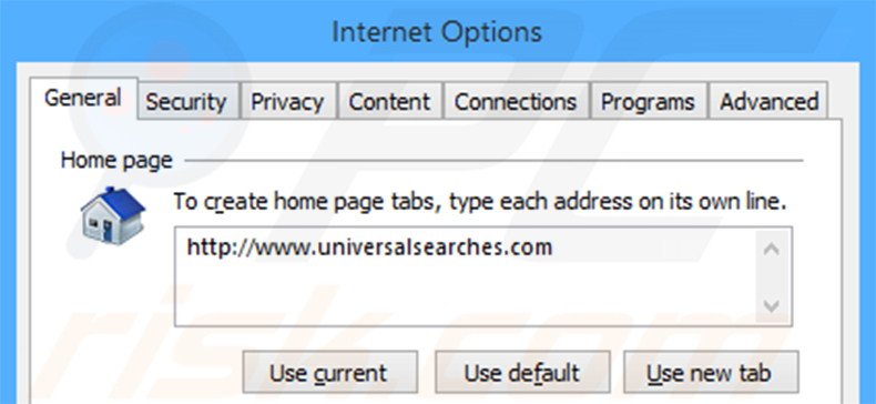 Suppression de la page d'accueil d'universalsearches.com dans Internet Explorer