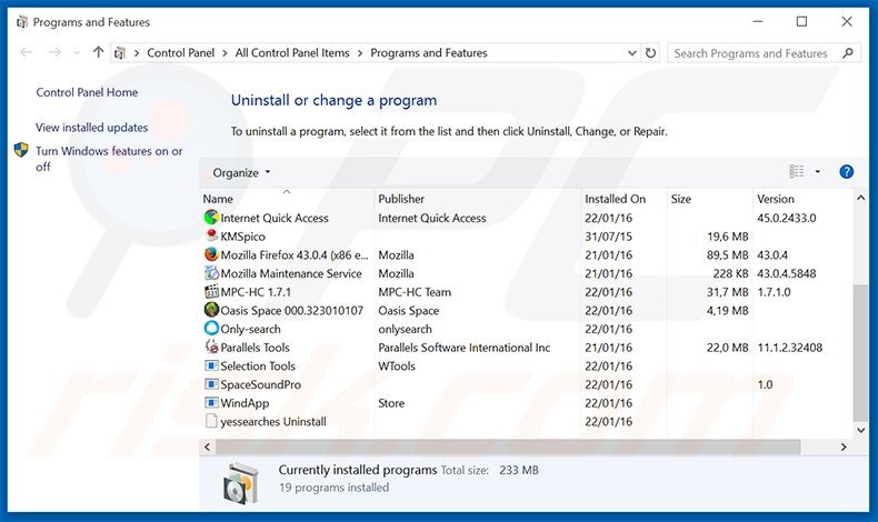 Désinstallation du pirate de navigateur universalsearches.com via le Panneau de Configuration
