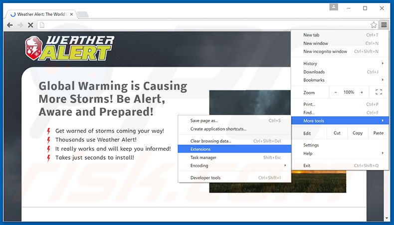 Suppression des publicités Weather Alert dans Google Chrome étape 1