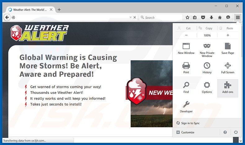 Suppression des publicités Weather Alert dans Mozilla Firefox étape 1