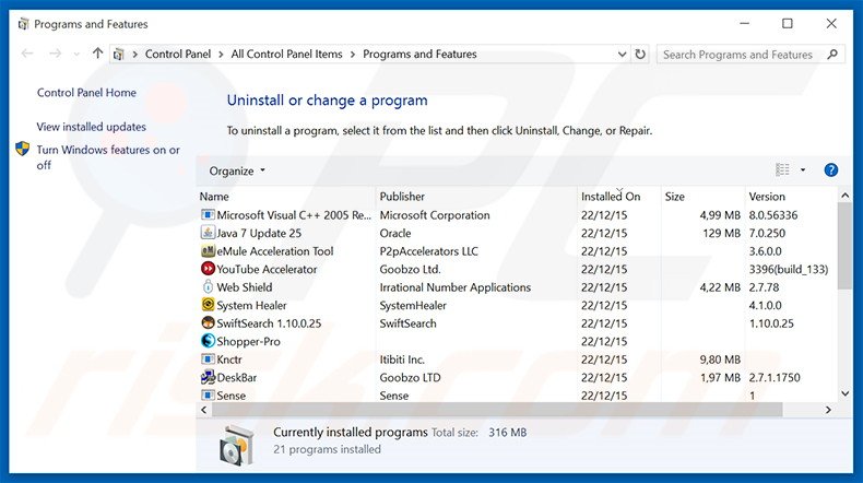 Désinstallation du logiciel de publicité Weather Alert via le Panneau de Configuration