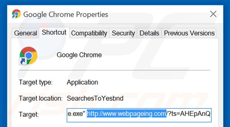 Suppression du raccourci cible de webpageing.com dans Google Chrome étape 2