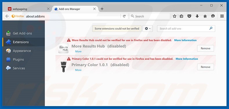 Suppression des extensions reliées à webpageing.com dans Mozilla Firefox 