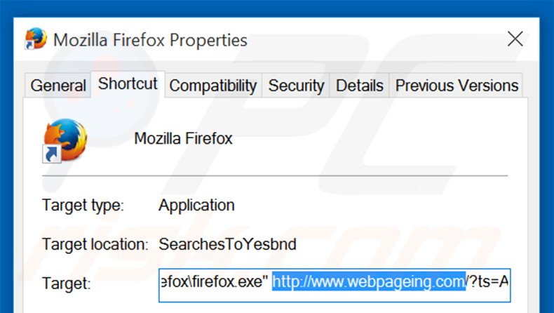 Suppression du raccourci cible de webpageing.com dans Mozilla Firefox étape 2