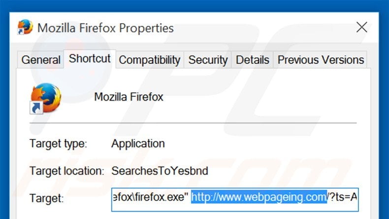 Suppression du raccourci cible de webpageing.com dans Mozilla Firefox étape 2