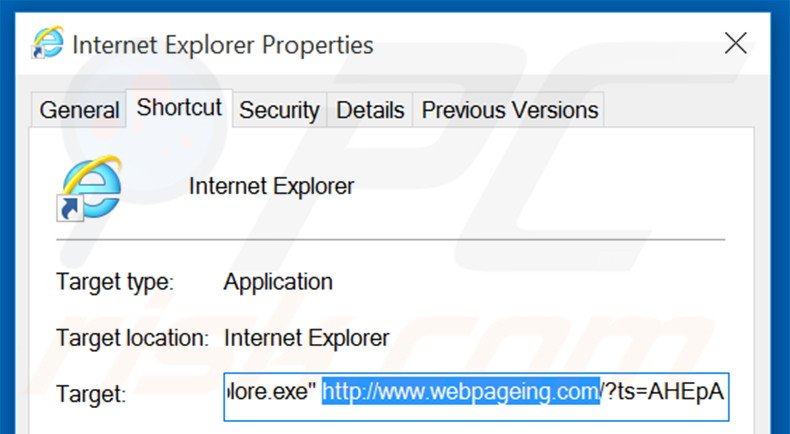 Suppression du raccourci cible de webpageing.com dans Internet Explorer étape 2