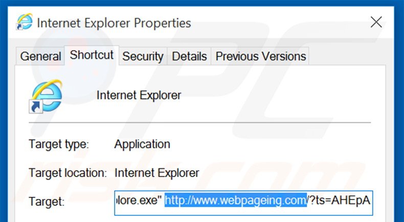 Suppression du raccourci cible de webpageing.com dans Internet Explorer étape 2