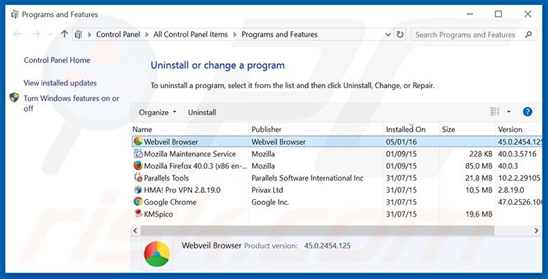 Désinstallation du logiciel de publicité WebVeil via le Panneau de Configuration