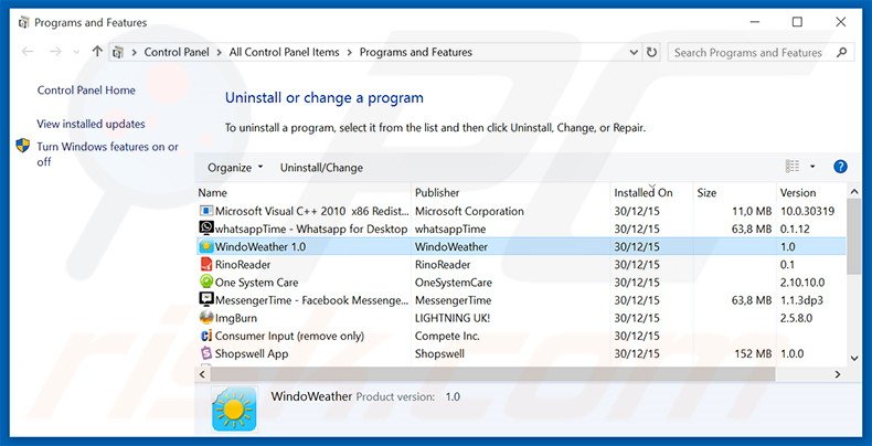 Désinstallation du logiciel de publicité Windoweather via le Panneau de Configuration