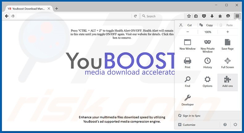 Suppression des publicités YouBoost dans Mozilla Firefox étape 1